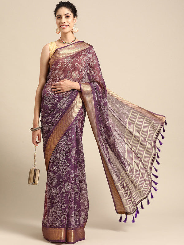 Purple Silk Cotton Printed Floral Saree with Unstitched Blouse - Hiral Fashion