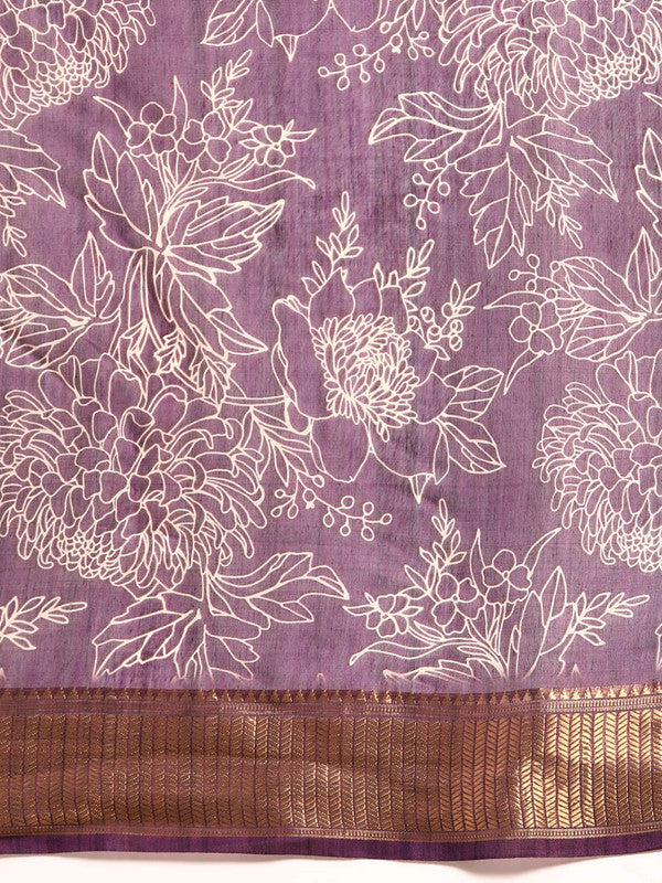 Purple Silk Cotton Printed Floral Saree with Unstitched Blouse - Hiral Fashion