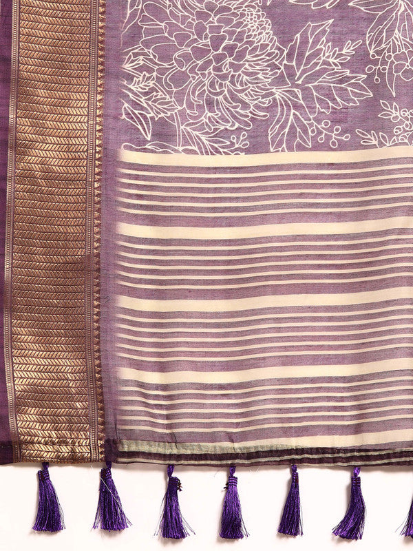 Purple Silk Cotton Printed Floral Saree with Unstitched Blouse - Hiral Fashion