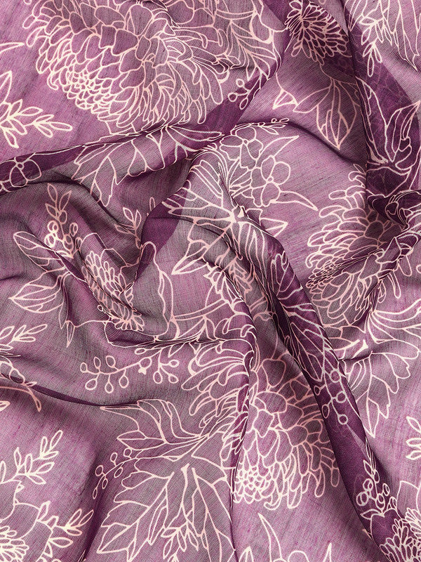 Purple Silk Cotton Printed Floral Saree with Unstitched Blouse - Hiral Fashion