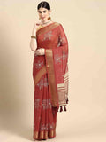 Red Silk Cotton Printed Floral Saree with Unstitched Blouse - Hiral Fashion