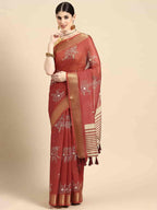 Red Silk Cotton Printed Floral Saree with Unstitched Blouse - Hiral Fashion