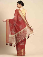 Red Silk Cotton Printed Floral Saree with Unstitched Blouse - Hiral Fashion