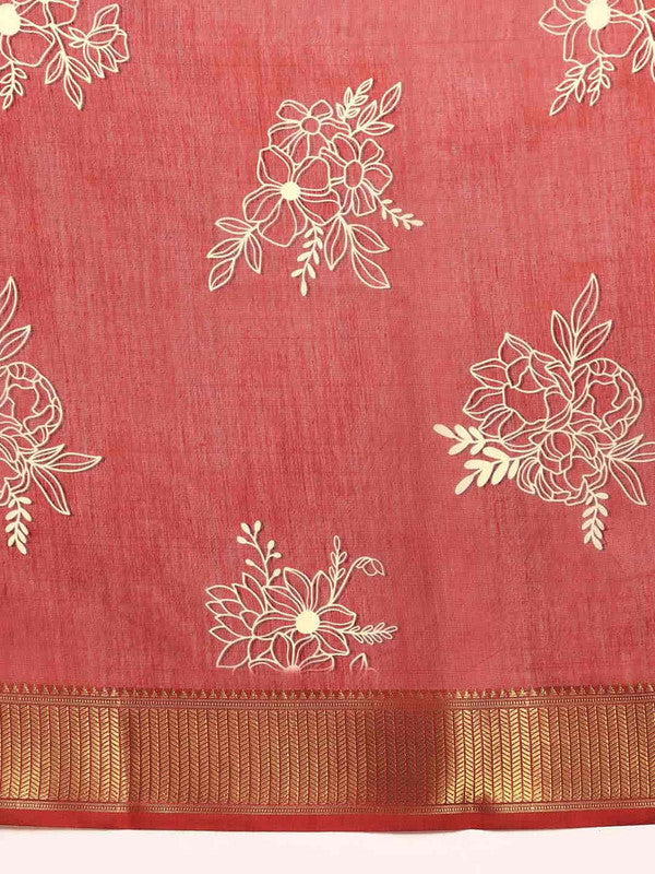 Red Silk Cotton Printed Floral Saree with Unstitched Blouse - Hiral Fashion