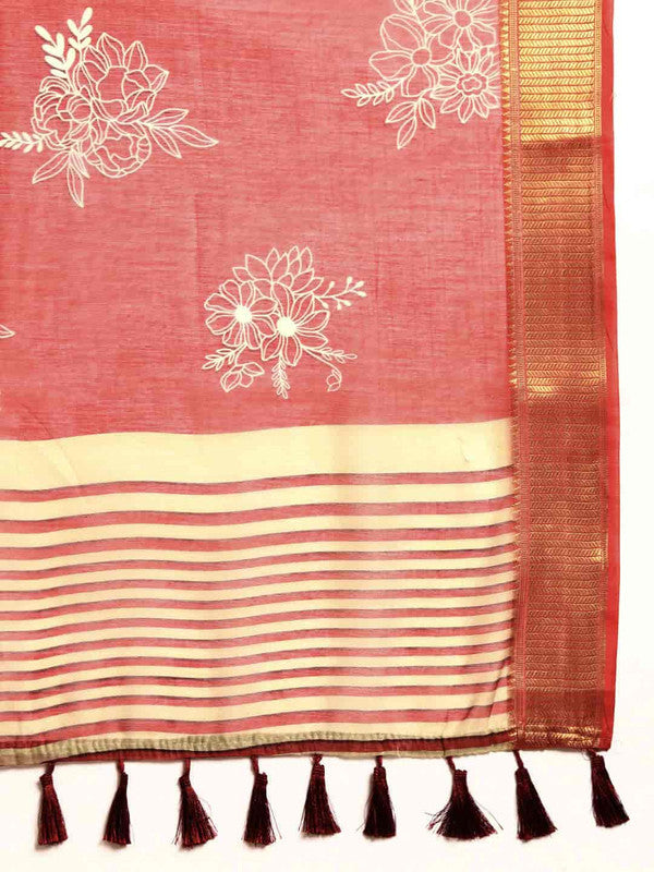 Red Silk Cotton Printed Floral Saree with Unstitched Blouse - Hiral Fashion
