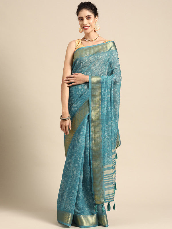 Turquoise Silk Cotton Printed Floral Saree with Unstitched Blouse - Hiral Fashion