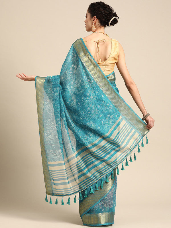 Turquoise Silk Cotton Printed Floral Saree with Unstitched Blouse - Hiral Fashion