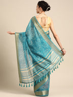 Turquoise Silk Cotton Printed Floral Saree with Unstitched Blouse - Hiral Fashion