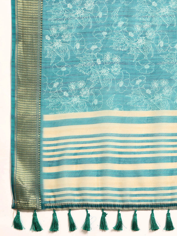 Turquoise Silk Cotton Printed Floral Saree with Unstitched Blouse - Hiral Fashion