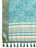 Turquoise Silk Cotton Printed Floral Saree with Unstitched Blouse - Hiral Fashion