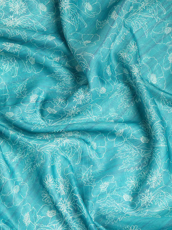 Turquoise Silk Cotton Printed Floral Saree with Unstitched Blouse - Hiral Fashion
