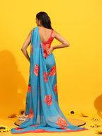 Blue Silk Blend Printed Floral Saree with Unstitched Blouse - Hiral Fashion