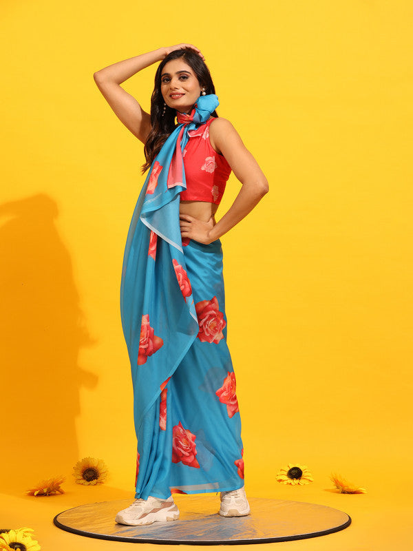 Blue Silk Blend Printed Floral Saree with Unstitched Blouse - Hiral Fashion