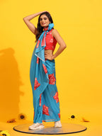 Blue Silk Blend Printed Floral Saree with Unstitched Blouse - Hiral Fashion