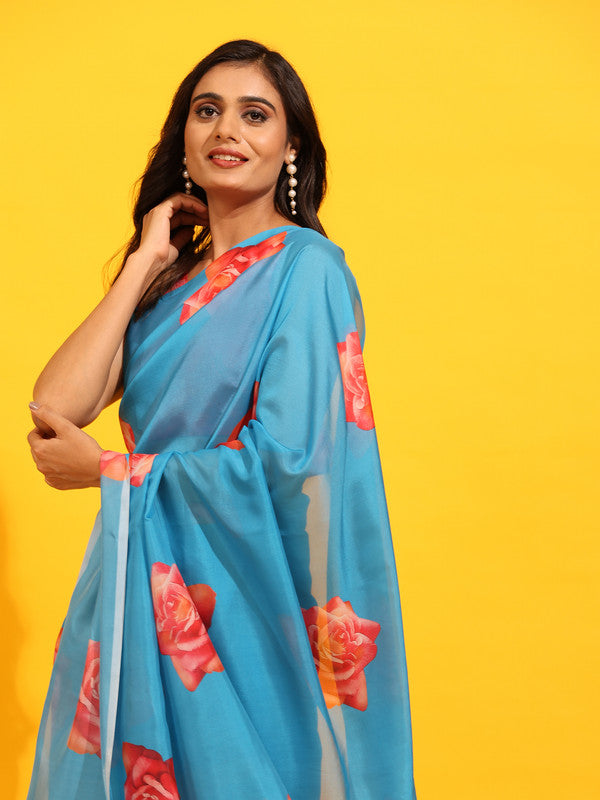 Blue Silk Blend Printed Floral Saree with Unstitched Blouse - Hiral Fashion