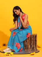 Blue Silk Blend Printed Floral Saree with Unstitched Blouse - Hiral Fashion