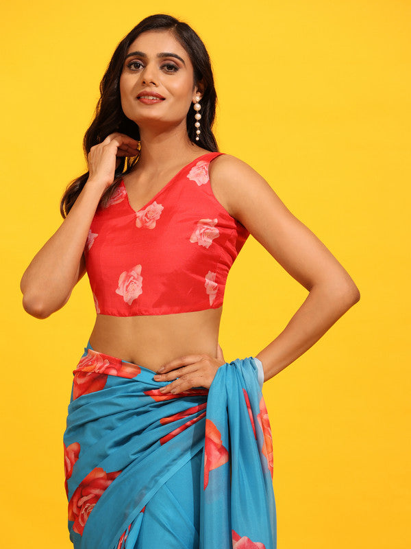 Blue Silk Blend Printed Floral Saree with Unstitched Blouse - Hiral Fashion