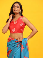 Blue Silk Blend Printed Floral Saree with Unstitched Blouse - Hiral Fashion