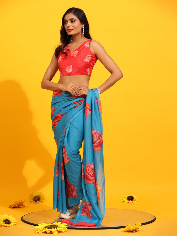 Blue Silk Blend Printed Floral Saree with Unstitched Blouse - Hiral Fashion