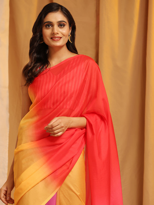 Multicolor Silk Blend Printed Solid Saree with Unstitched Blouse - Hiral Fashion