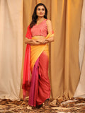Multicolor Silk Blend Printed Solid Saree with Unstitched Blouse - Hiral Fashion