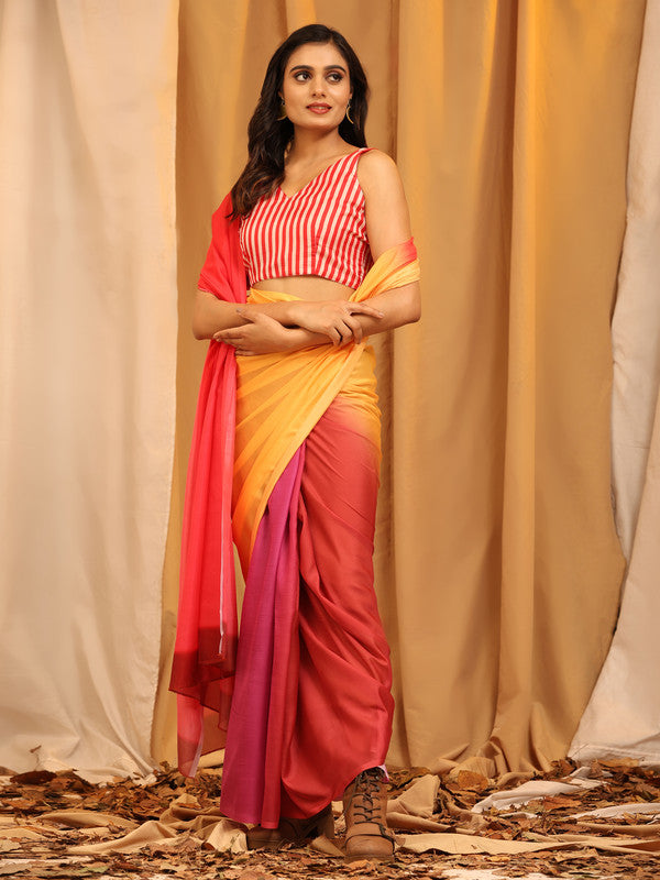 Multicolor Silk Blend Printed Solid Saree with Unstitched Blouse - Hiral Fashion