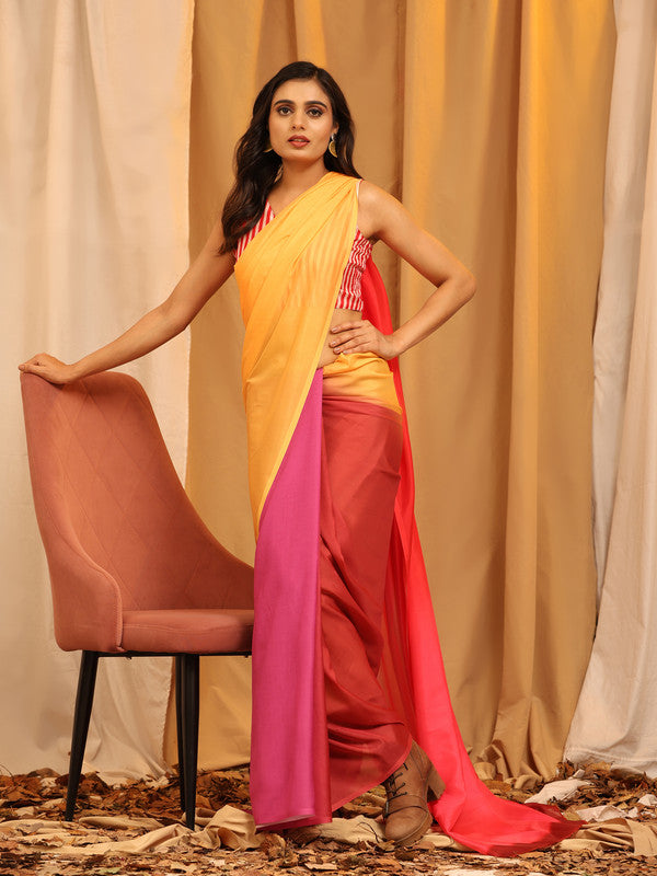 Multicolor Silk Blend Printed Solid Saree with Unstitched Blouse - Hiral Fashion