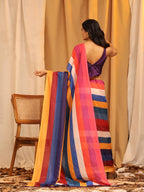 Multicolor Silk Blend Printed Striped Saree with Unstitched Blouse - Hiral Fashion