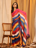 Multicolor Silk Blend Printed Striped Saree with Unstitched Blouse - Hiral Fashion