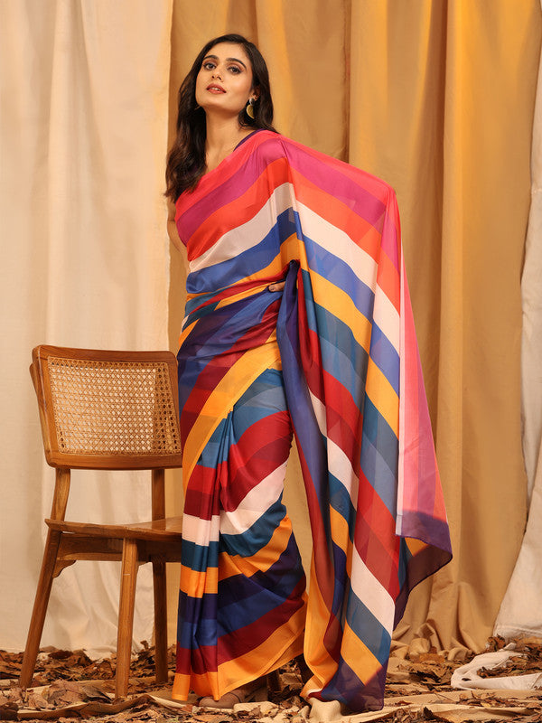 Multicolor Silk Blend Printed Striped Saree with Unstitched Blouse - Hiral Fashion