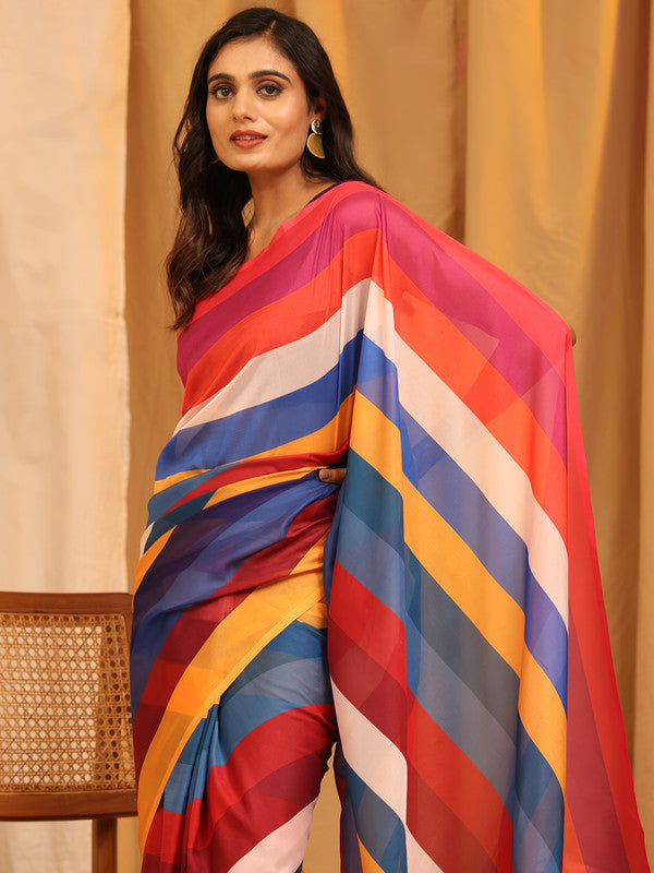 Multicolor Silk Blend Printed Striped Saree with Unstitched Blouse - Hiral Fashion