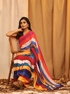 Multicolor Silk Blend Printed Striped Saree with Unstitched Blouse - Hiral Fashion