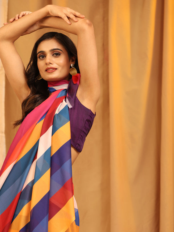 Multicolor Silk Blend Printed Striped Saree with Unstitched Blouse - Hiral Fashion