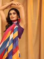 Multicolor Silk Blend Printed Striped Saree with Unstitched Blouse - Hiral Fashion