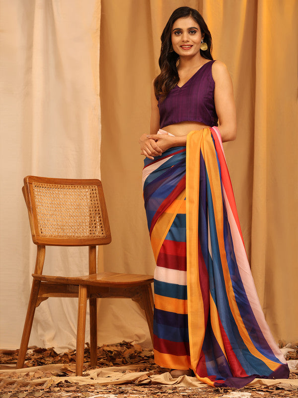 Multicolor Silk Blend Printed Striped Saree with Unstitched Blouse - Hiral Fashion