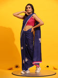 Navy Blue Silk Blend Printed Kalamkari Saree with Unstitched Blouse - Hiral Fashion