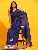 Navy Blue Silk Blend Printed Kalamkari Saree with Unstitched Blouse - Hiral Fashion
