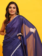 Navy Blue Silk Blend Printed Kalamkari Saree with Unstitched Blouse - Hiral Fashion