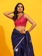 Navy Blue Silk Blend Printed Kalamkari Saree with Unstitched Blouse - Hiral Fashion