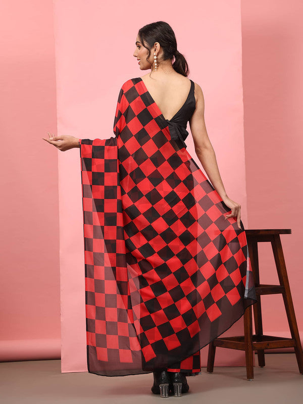 Red Silk Blend Printed Striped Saree with Unstitched Blouse - Hiral Fashion