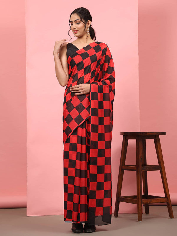 Red Silk Blend Printed Striped Saree with Unstitched Blouse - Hiral Fashion