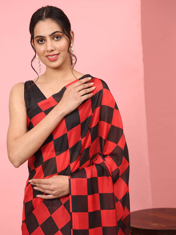 Red Silk Blend Printed Striped Saree with Unstitched Blouse - Hiral Fashion