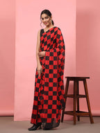 Red Silk Blend Printed Striped Saree with Unstitched Blouse - Hiral Fashion