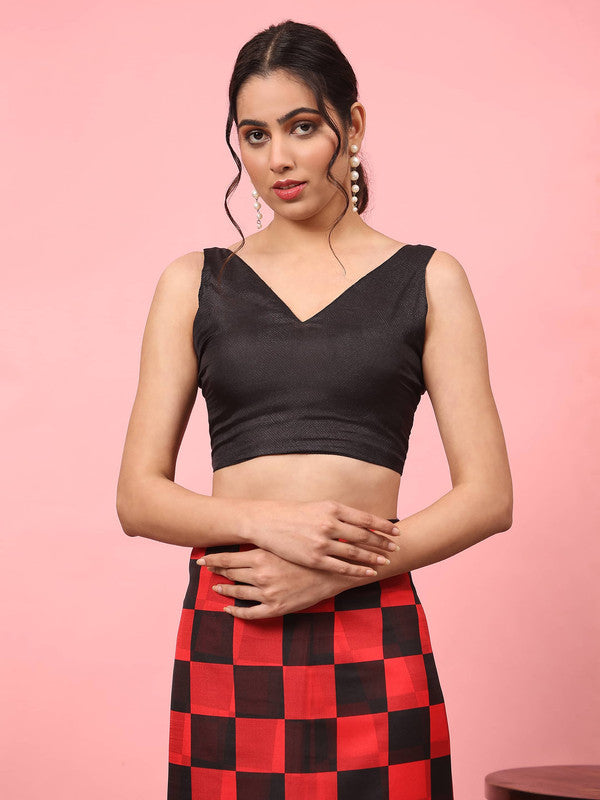Red Silk Blend Printed Striped Saree with Unstitched Blouse - Hiral Fashion