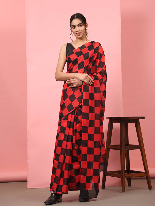 Red Silk Blend Printed Striped Saree with Unstitched Blouse - Hiral Fashion
