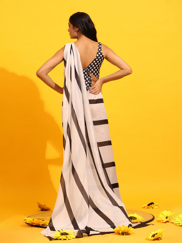 White Silk Blend Printed Striped Saree with Unstitched Blouse - Hiral Fashion