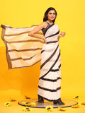 White Silk Blend Printed Striped Saree with Unstitched Blouse - Hiral Fashion