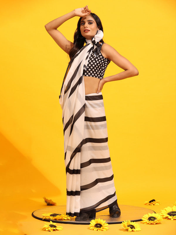 White Silk Blend Printed Striped Saree with Unstitched Blouse - Hiral Fashion