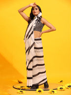 White Silk Blend Printed Striped Saree with Unstitched Blouse - Hiral Fashion