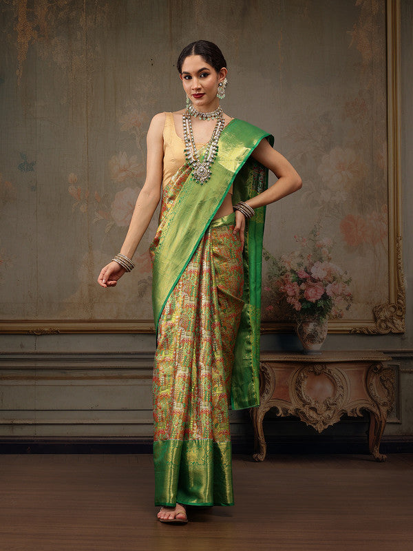 Green Pure Silk Woven Zari Design Ethnic Motifs Saree with Unstitched Blouse - Hiral Fashion